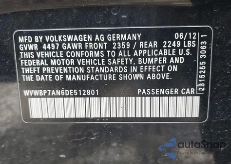 2013 Volkswagen Cc 2.0T Sport Plus z USA, uszkodzony, nr VIN WVWBP7AN6DE512801